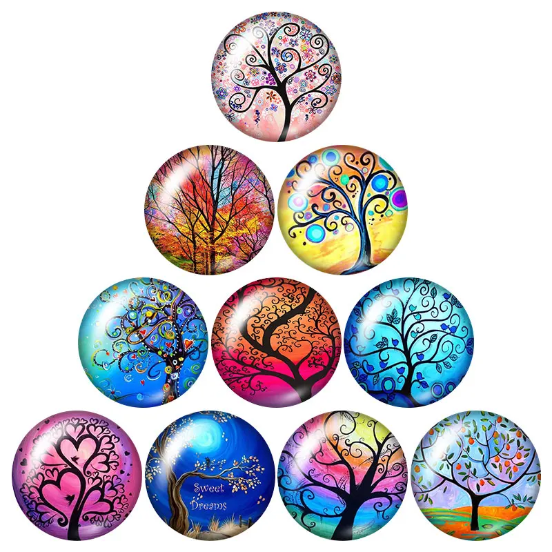 

New Colorful Life of Tree beauty paintings 10pcs 12mm/18mm/20mm/25mm Round photo glass cabochon demo flat back Making findings