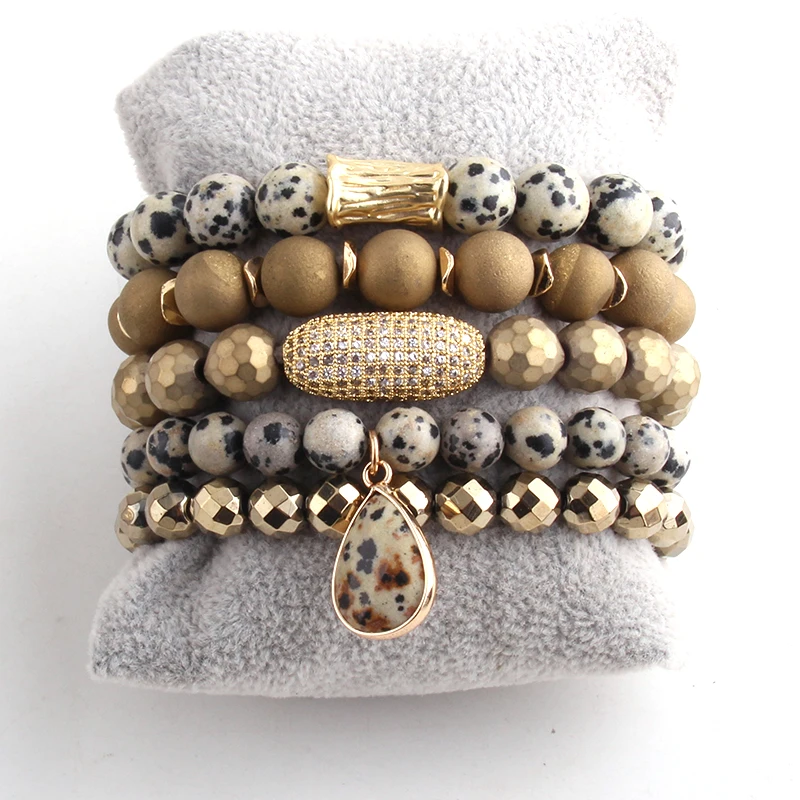 RH Fashion Jewelry Beautiful Beaded Bracelet Set Natural Stone Cubic Zircon Ball Crystal Pave Wristband bangles