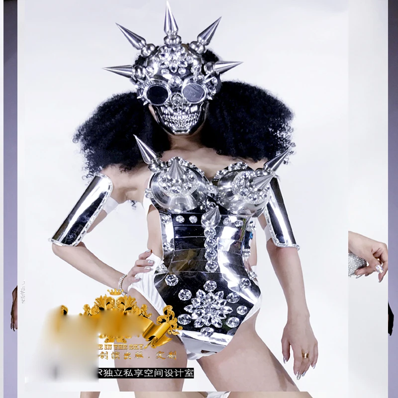 future technology  Nightclub GOGO female DS gold mirror LED light metal spiked armor performance girl space dance costume