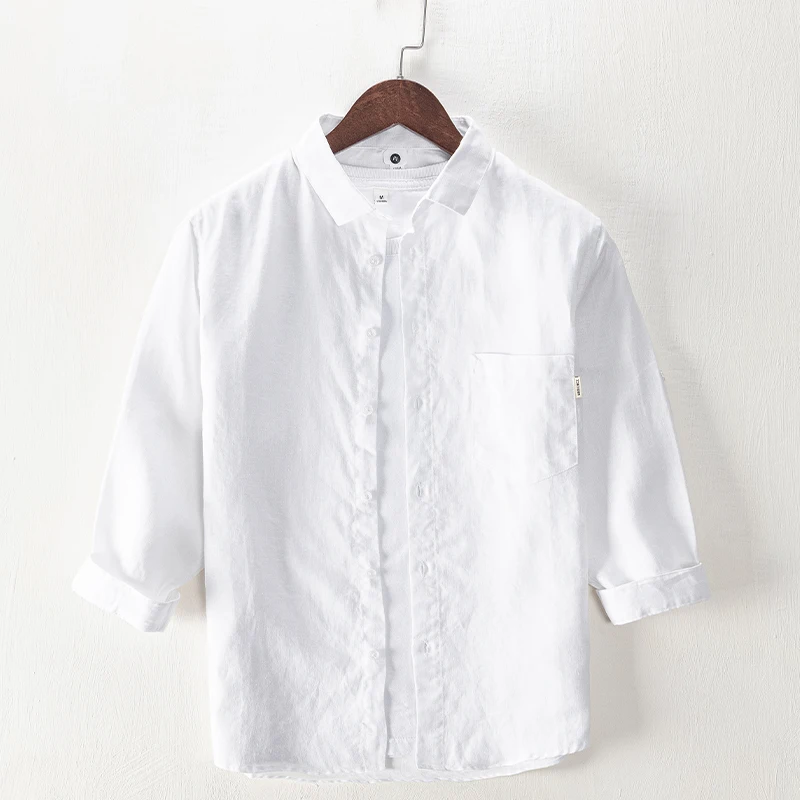 Suehaiwe's brand Italy pure linen three-quarter sleeve white shirt men casual comfortable shirts for men fashion solid shirt men