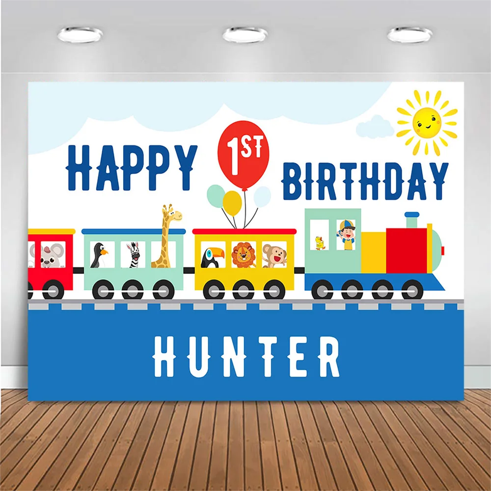 

Happy 1st Birthday Backdrop Train Animal Sun Cartoon Baby Portrait Photography Background Birthday Party Decoration Photoshoot