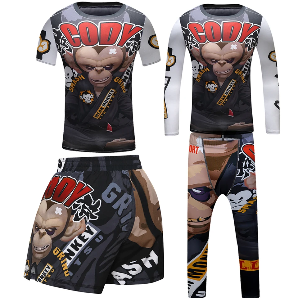 

Kids Kickboxing Jiu jitsu T-shirt+Pant Set Bjj Rashguard MMA Clothing Muay Thai Shorts 3D Monkey Sport Tights Boy Boxing Jerseys