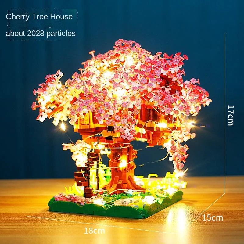 Juego de bloques de construcción de árbol bonsái de cerezo, ladrillos de plantas de flor de Sakura DIY con modelo de casa de árbol ligera, regalo romántico para novia