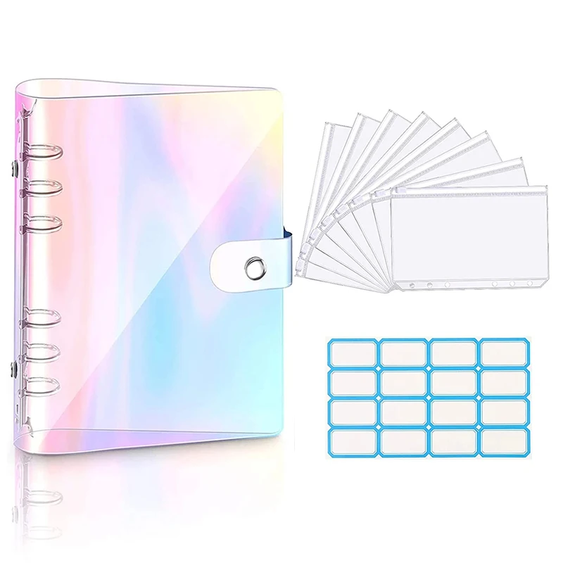 A6 Clear Soft PVC Notebook Binder Cover Planner 6-Ring Loose-Leaf Folder Cash Budget Envelope System with 8 PCS Zipper Pockets