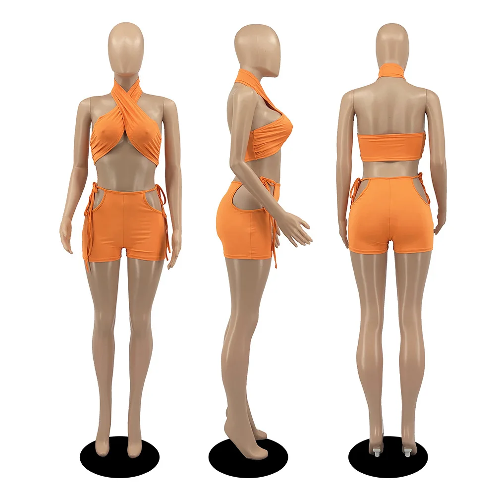 Two Piece Sets for Women Ruched Bandage Criss Cross Solid Women 2024 Spring Backless Club Crop Top and Shorts Matching Set