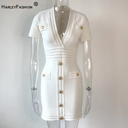 HarleyFashion donna Design classico scollo a v profondo manica corta bottoni colore bianco maglia guaina strada dritto Mini abito