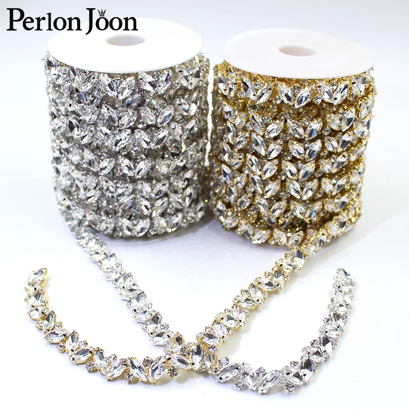 Glittering Delicate Leaf Glass Rhinestone Trim Gold Silver Plating Crystal Chain DIY Bridal Decorative Accessories ML147