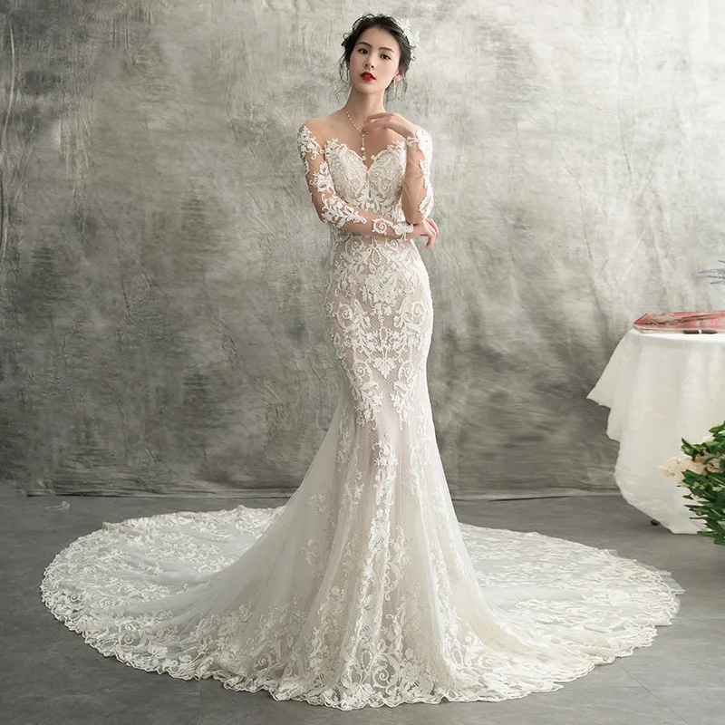 Robe de mariée sirène Champagne, longue, Illusion de cou, dentelle florale, Vintage, 2019