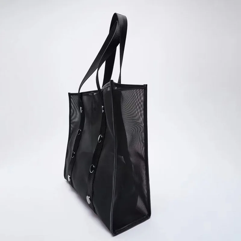 Designer Mesh Tote Women Handbag Fashion Rivet Black Shopper Bag Female Hollow Big Shoulder Bag Brands Composited Bags for Women