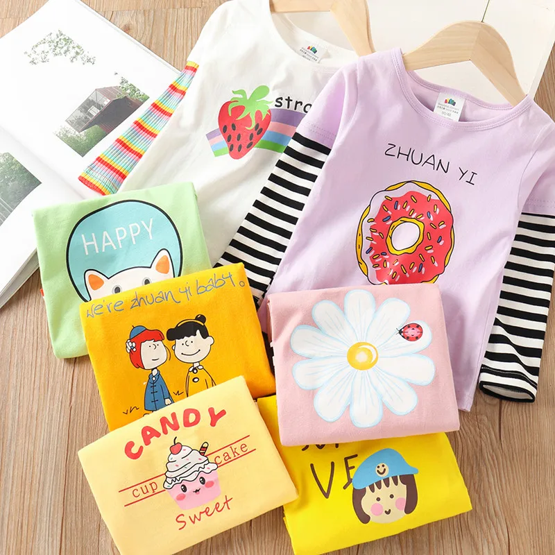 2024 Spring Autumn Fashion 2 3 4 5 6 7 8 910 Years Cute Cotton Striped Color Patchwork Cartoon Basic T-Shirt For Kids Baby Girls