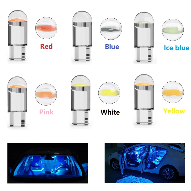 2/5/10x W5W T10 LED Lamp Car Bulb Epoxy Resin Cob 12V 6000K 7 Colors Wedge License Plate Lamp Dome Indicator Reading Light White