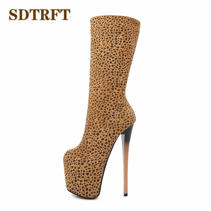 SDTRFT leopard print shoes woman 19cm Thin Heels Knee-High boots Round Toe Platform botas mujer botas Pumps US14 15 16 17 18 19