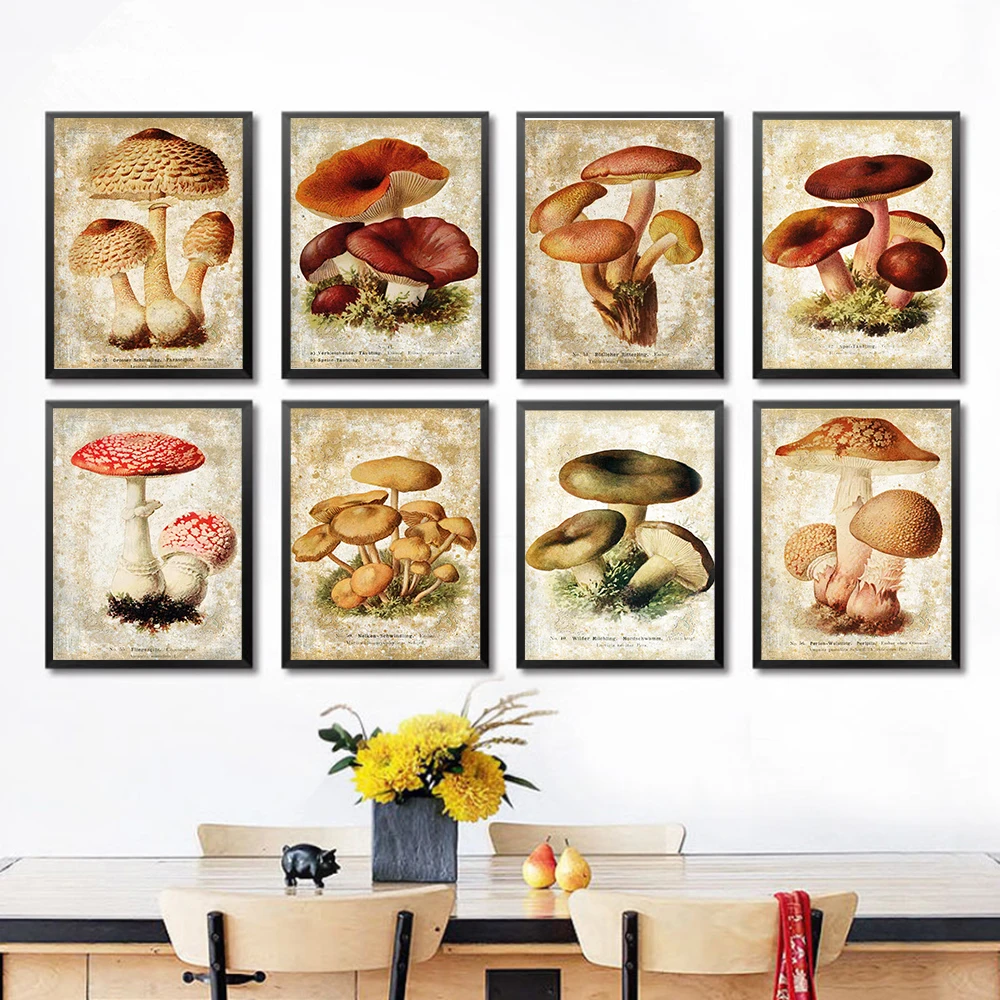 Vintage Mushroom Poster Victorian Era Foraging Pagan Canvas Painting Set Wall Art Picture Printmaking Witch Kitchen Home Decor