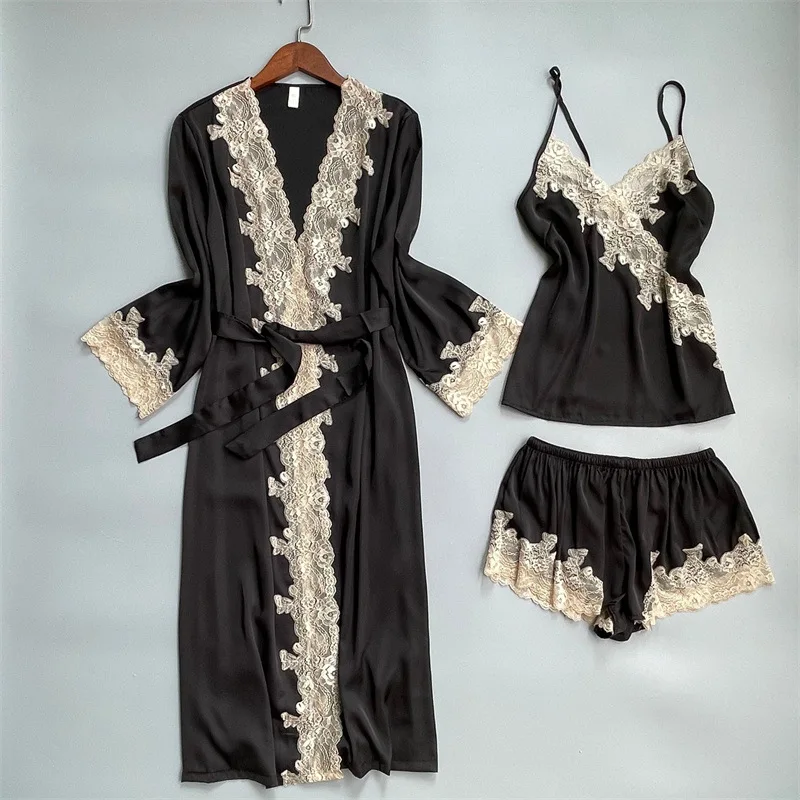 

Black Satin 3PCS Sleepwear Women Silky Pajamas Set Lace Trim Robe Suit Sexy V-neck Pijamas Suit Casual Sleep Set Home Clothes