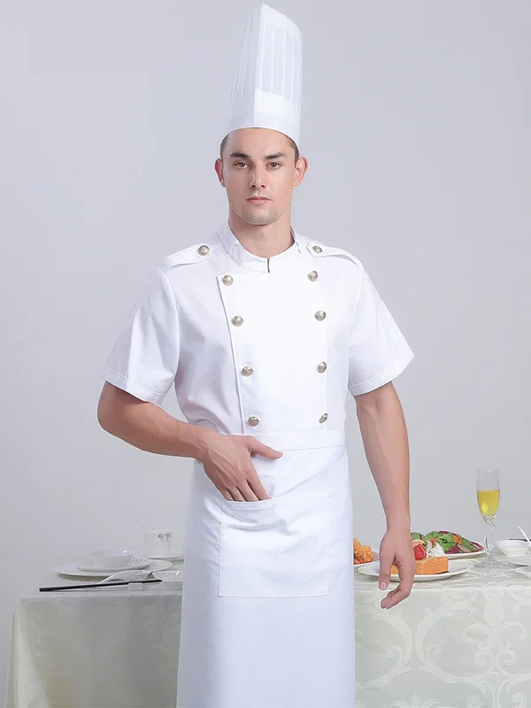 Mannen Korte Mouwen Ademend Double-Breasted Chef Food Service Keuken Kok Werkkleding T-shirt Keuken Werk Uniformen Schorten Nieuwe