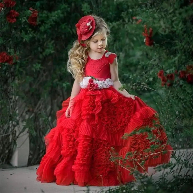 Lovely Red Flower Girl Dresses Special Occasion For Weddings Ruffled Kids Pageant Gowns Lace Applique First Communion Dress