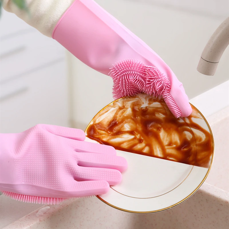 Silicon Glove for Washing Dishes With Brush Food Grade Silicone Dishwashing Gloves  Kitchen Housework Cleaning Scrubbing Glove