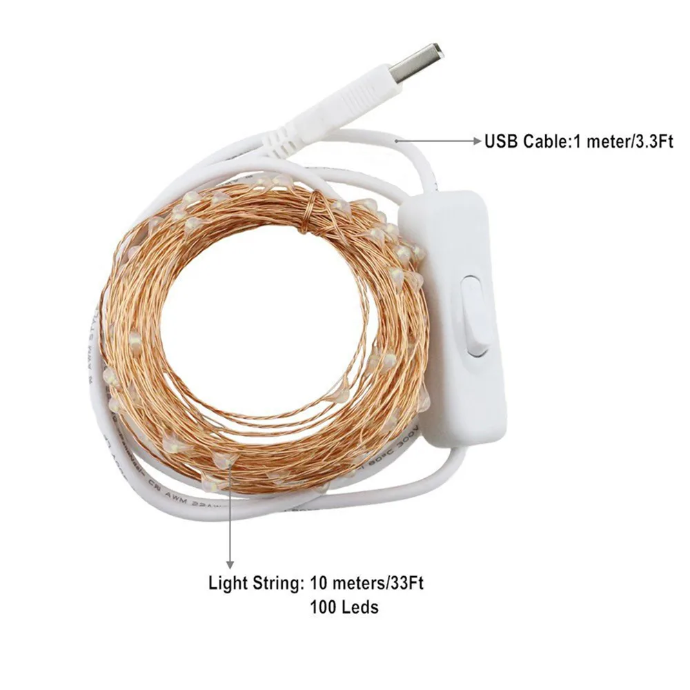 USB 패어리 라이트 5/10M LED 구리 와이어 크리스마스 스트링 조명, 온/오프 스위치, 침실 벽 천장 화환 공예 결혼식용