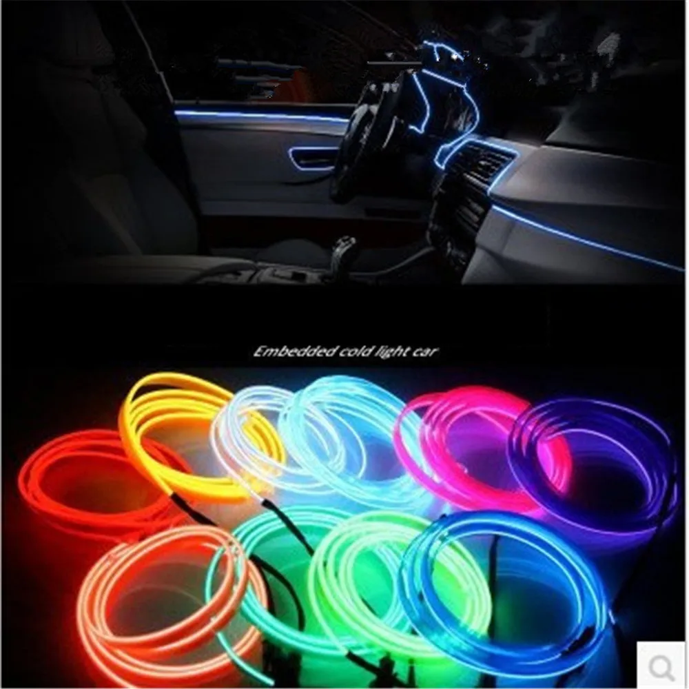 1/2/3M Car Interior Light Bmbient Lights El Neon Led Strip Cold Line Decorative Dashboard Lamp 12V Cigarette Lighter Inverter