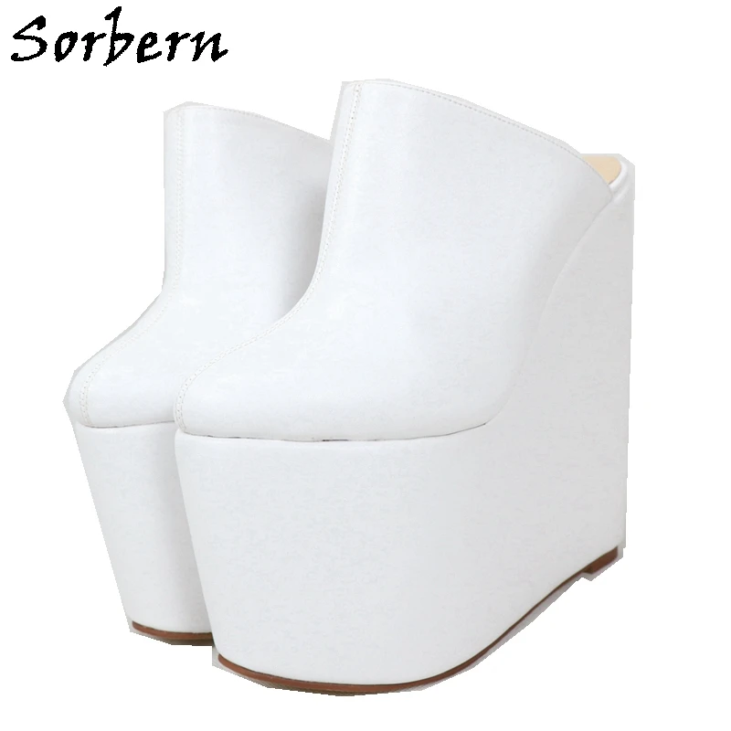 

Sorbern White Slip On Mules Pump Wedge Platform High Heels Pointed Toe 20cm Heels Womans Designer Shoes Custom Multi Colors