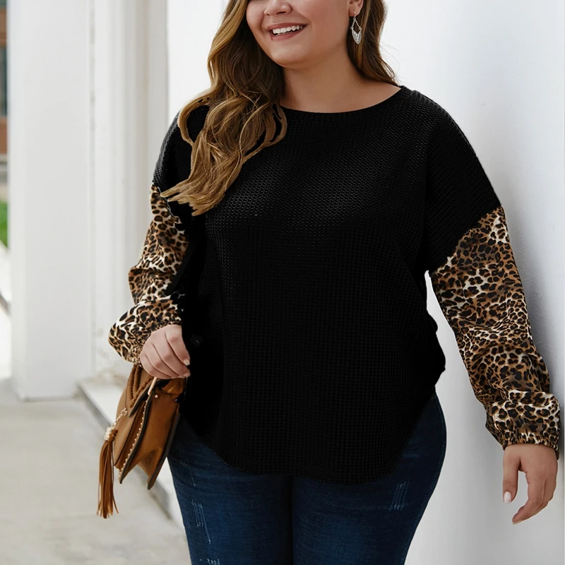 Leopard sweater female, long-sleeved sweater, round neck, Large Size, 7XL, 8XL, 9xl, 10XL, casual, autumn.