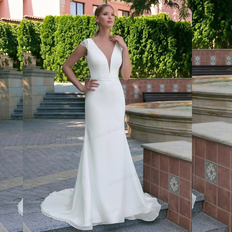 Deep V-Neck  Mermaid Satin Wedding Dress 2021 Elegant Short Sleeves Bride Gowns Simple  Long Wedding Party Dress Custom Mad