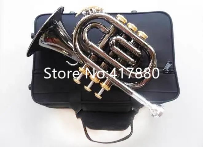 Mini Pocket Trumpet Bb Flat Black nickel Wind instrument with Mouthpiece Case