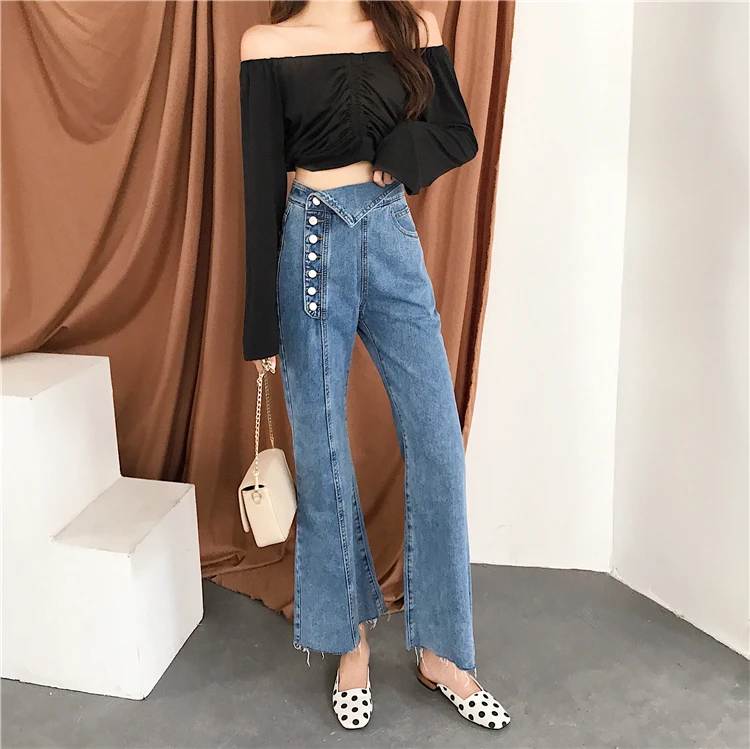 

Fashion High Waist Button Skinny Blue Flare Jeans Pants Women Causal Fold Jean Female Summer Denim Pants Elegant Office Style