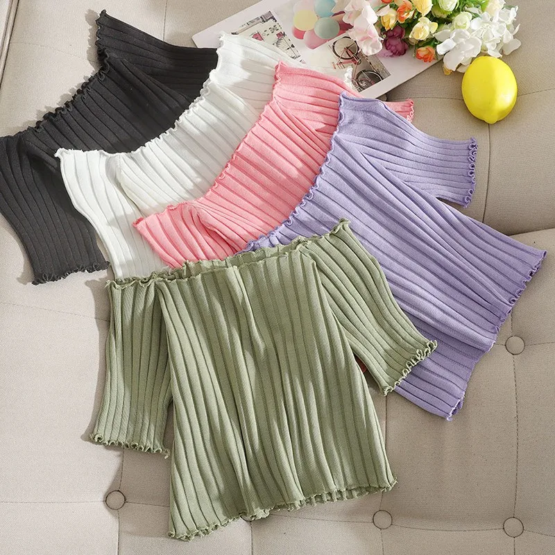 Women Slash NeckT-shirts Off Shoulder Knitting Crop Tops  Short Sleeve Stretchy Ruffles Hem t-shirts Stripes Tops For Women