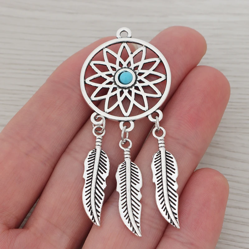 6 x Tibetan Silver Color Feather Dream Catcher Round Charms Pendants for DIY Necklace Jewelry Making Finding Accessories 65x27mm