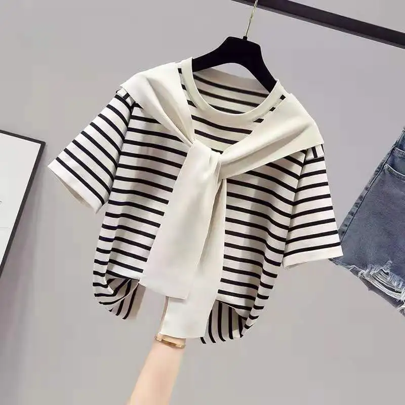 Women\'s T-shirt Summer New T Shirt Women Fake Two-piece Knitted Striped Short Sleeve Tshirt Casual Korean Fashion Poleras Mujer