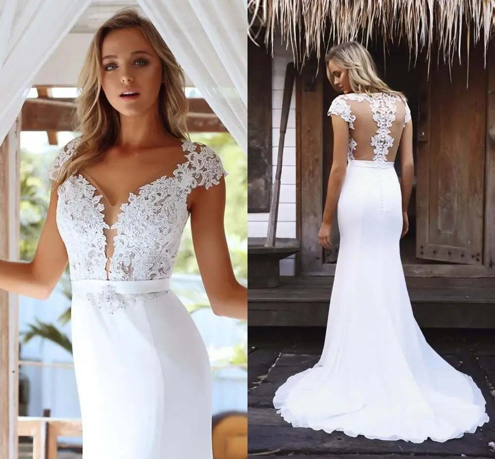 Charming Cap Sleeve Mermaid Wedding Dresses V-Neck Appliques Sheer Back with Button Bridal Dresses Court Train