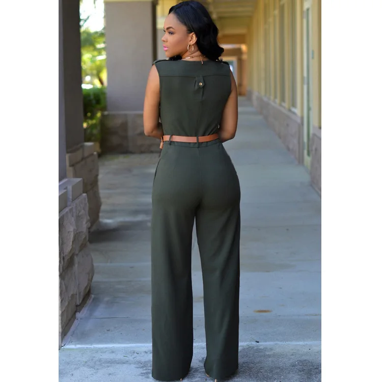 High-waist V-neck Wide-leg Pants Irregular Suit With Belt Women Jumpsuit Sleeveless Bodysuit women