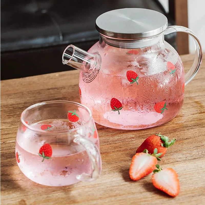 1.8L 1L Japanese style Cute Strawberry Tea pots Glass Jug for cold and hot Drinks Home Office Drinkware Tea Cup Teapot set