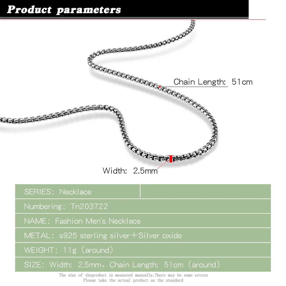 925 Sterling Silver Punk Hip Hop Necklace Handmade Box Link Chain Choker Solid Metal for Men Women Male Jewelry