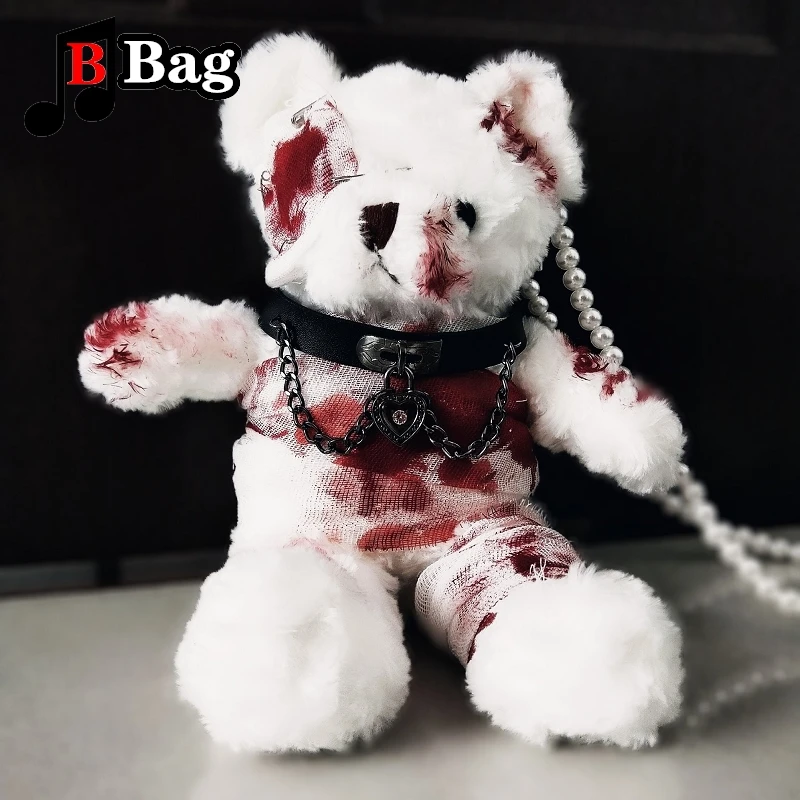 Gothic Women Lolita Bloody Bear Doll Bag disease disability Bear Shoulder Bags Soft Girl Halloween Cosplay Blood bear bag Gift