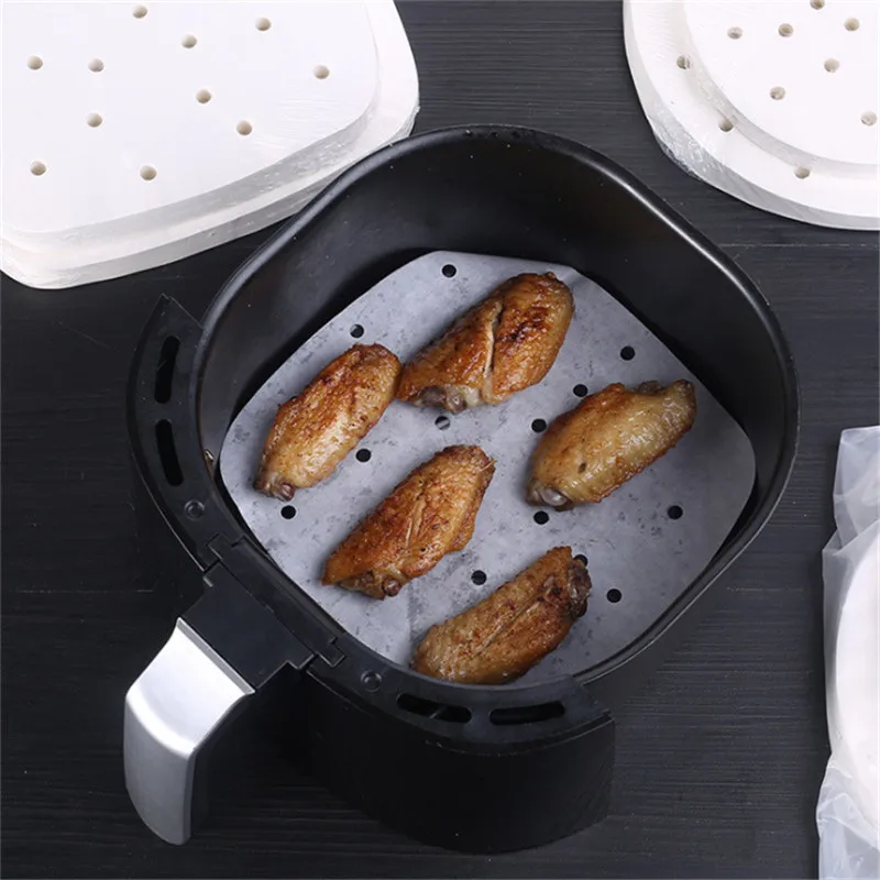 50 Stück quadratische Luftfritteusen Premium perforierte Unterlage Pergament Antihaft-Dampfkorbmatte Backen Speiseölpapier – Detail 5