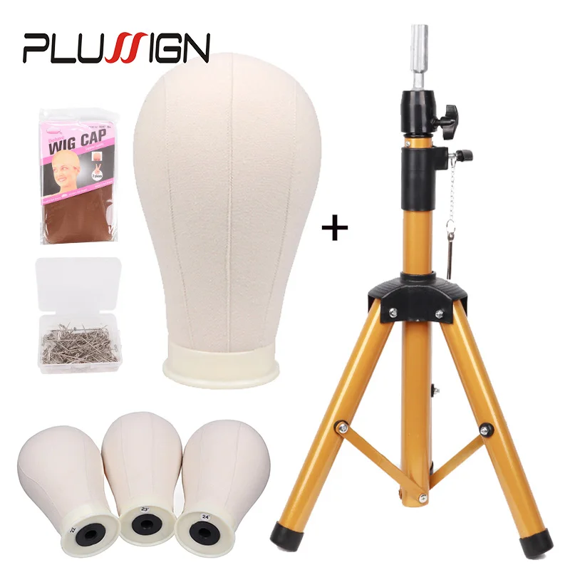 Plussign Gloden Wig Tripod Stand And Canvas Head 1.3 Meters Adjustable Tripod Wig Stand With Head Wig Styling Tools Medel Stand