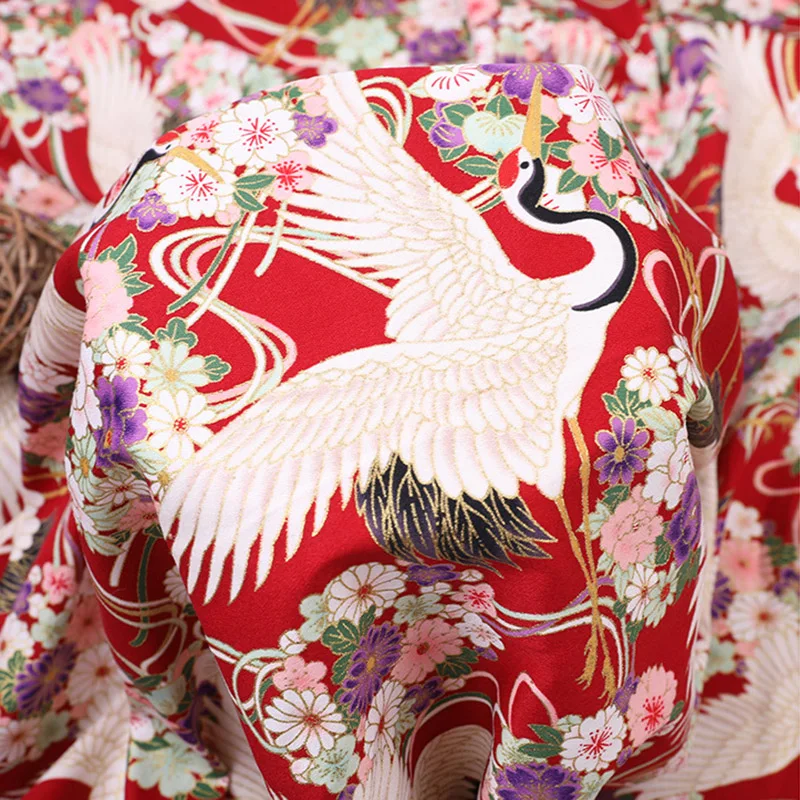 

100cmx148cm Cotton Fabric Bronzing Japanese Crane Printed Fabric Handmade Diy Patchwork Bag Kimono Cheongsam Fabric