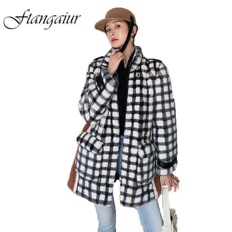 

Ftangaiur New Winter Import Purple Standard Velvet Mink Fur Coat Women Striped Plaid Medium Slim Natural Real Mink Fur Coats