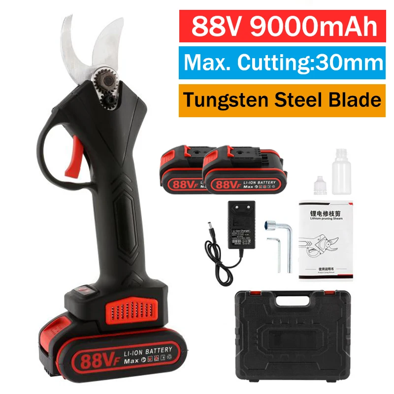 

88V Cordless Electric Pruning Shears Rechargeable Professional Power Pruner Branches Pruning Tool Scissor with 2*9000mAh Battery