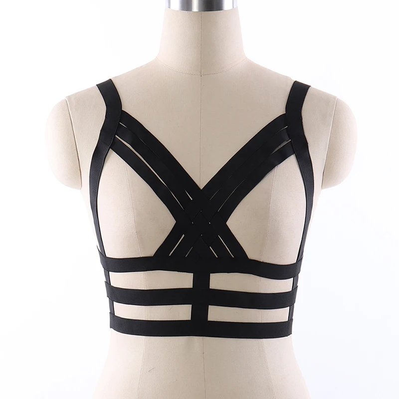 

BONDAGE STRAPPY Black Adjustable Crop Top Body Harness Rave Elastic Pole Dance Cage Bra Pair With Garter Harness Bra