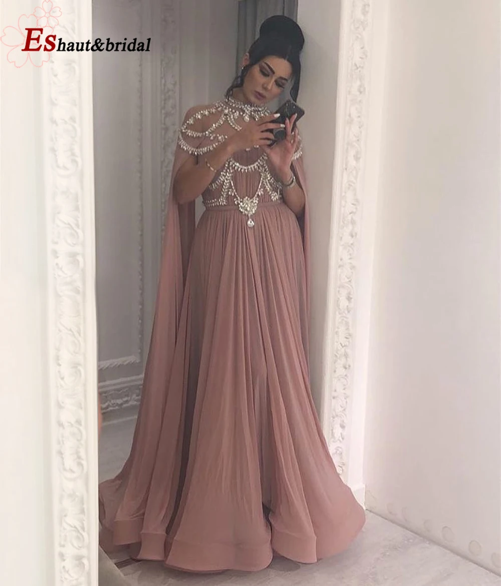 Elegant Dubai Chiffon Evening Night Dresses 2023 Aline Crystal Handmade High Neck Long Arabic Formal Wedding Prom Party Gowns