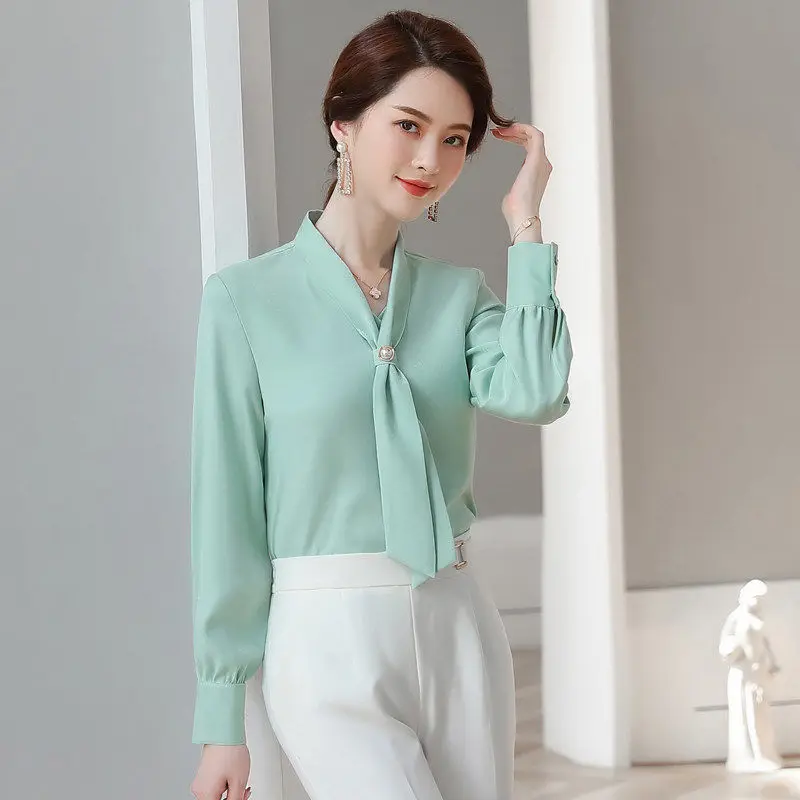 Bow Beading Elegant Chiffon Shirt Office Lady Fashion Casual All-match Blouse Commuter Basic Solid V-Neck Chic Women\'s Blouses