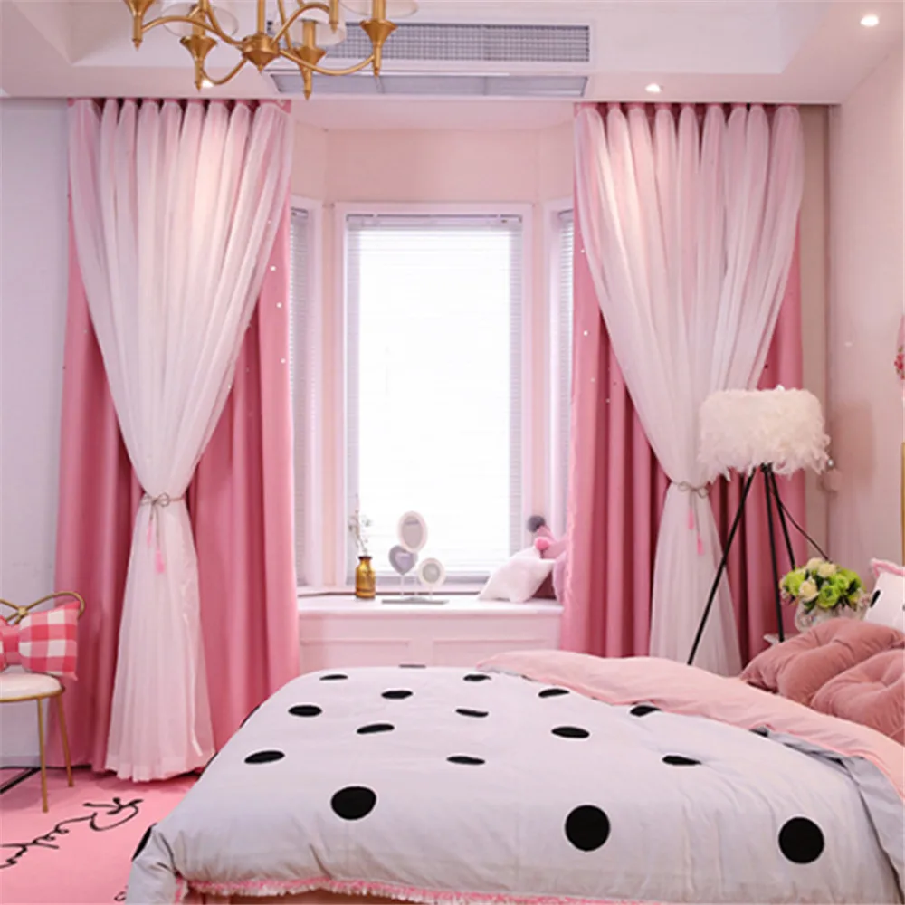 Double Layer Stars Blackout Curtains Pink Tull For Kids Room Sheer Curtains for Living Room Girl\'s Bedroom Window Treatments