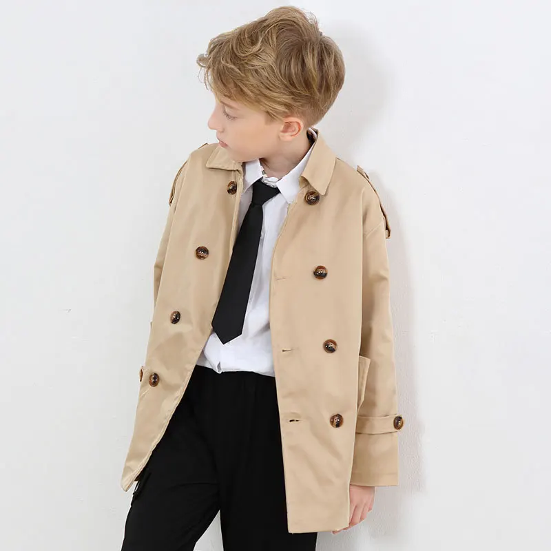 Khaki Jacket For Boys Double-Breasted Design Children Outerwear Kids Trench Coat For Teen Boys 2-14 Years Casual Windreaker