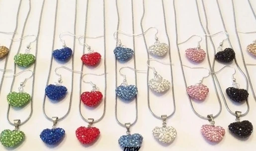 2 set/lot multicolor mixed Heart   set silver plated drop earrings Necklace Pendant 16 inch Snake Chains j647344