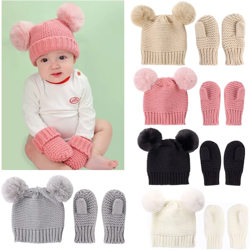 

KLV 2020 Winter Warm Baby Hat+ Gloves Set Crochet Knit Fur Ball Hat Beanie Cap Kids Girls Boys Infant Baby Mittens Baby Bonnet