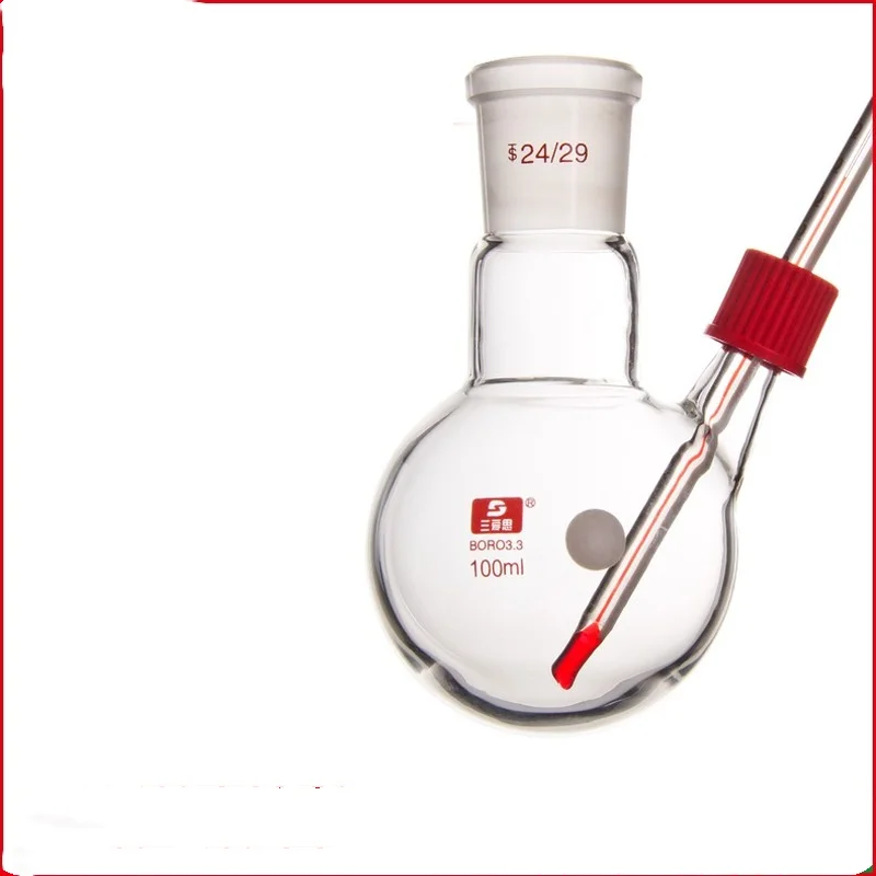 Inclined Two Port Flask, Round Bottom Reaction Bottle, Threaded Two Port Spherical Bottle, Screw Can Insert Thermometer