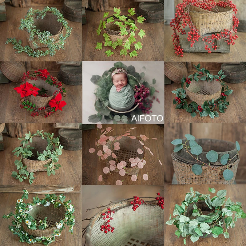 Newborn Photography Prop Simulated Green Plants Basket Stuffer Accessorie Berry Daisy Rattan Strip Vine Studio Shooting Flowers